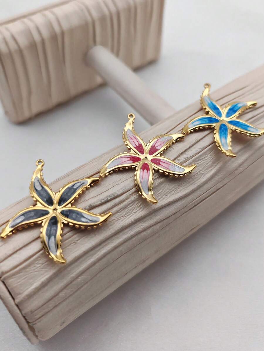 1pc Stainless Steel Enamel Starfish Shape Pendant, DIY Ocean Style Necklace Charm