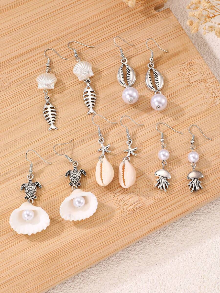 1/5 par de pendientes de aleación con colgantes de peces pequeños, tortugas marinas y estrellas de mar, de la serie de vacaciones con estilo minimalista y de océano, para mujeres