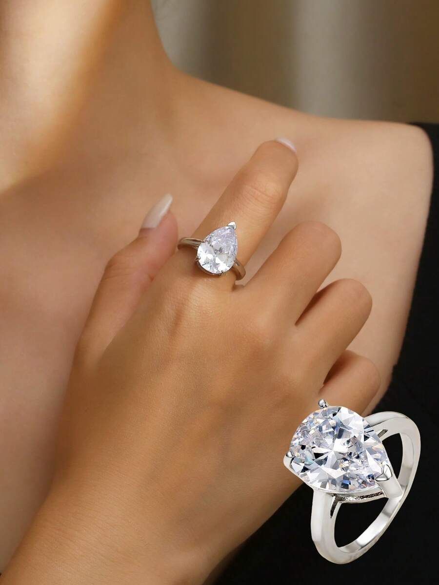 MONALLY 1 peça anel de prata com zircônia cúbica brilhante e gota d'água, joia de casamento e noivado, presente surpresa para dia dos namorados, aniversário, mãe, namorada