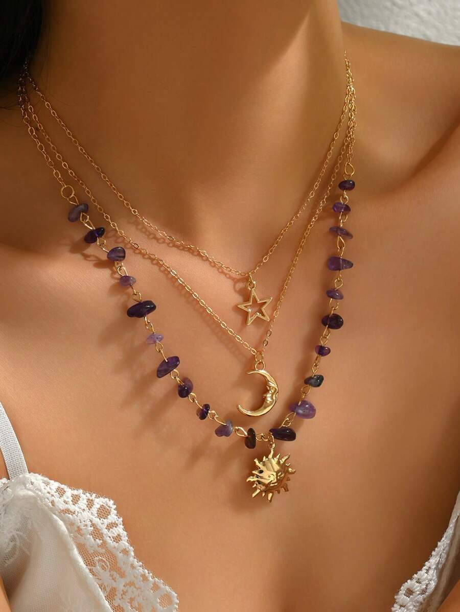 1 Set Of 3pcs , Versatile And Unique Sun, Moon, Star Colored Necklace Set. Asymmetrical Stone Pendant Layered Necklace With Sun, Moon And Star Charms, Suitable For Women's Daily, Vacation, And Party Wear (Stone Color And Shape Random)