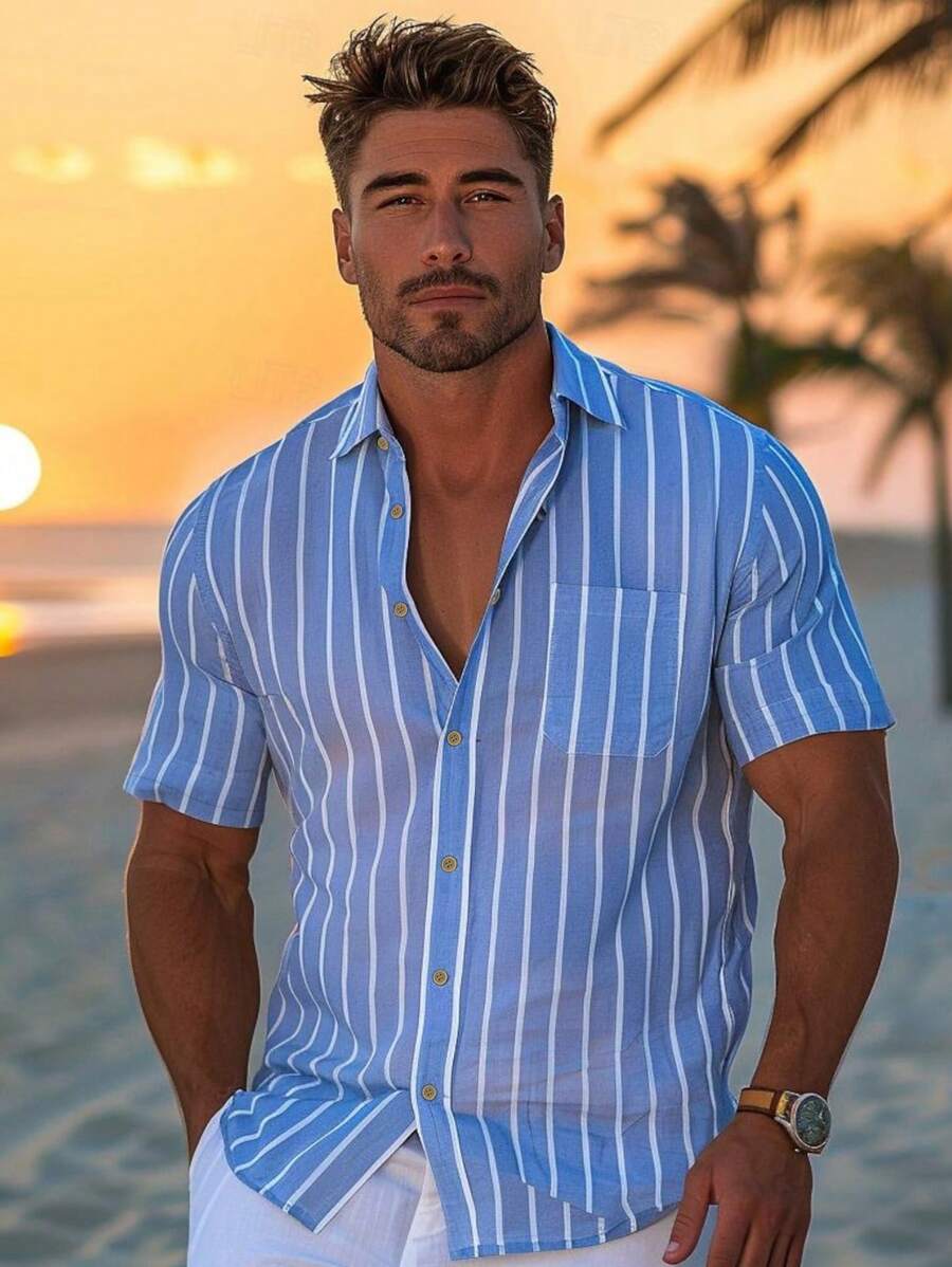 Chemise à manches courtes de style vacances, décontractée et , à rayures bleues et blanches, respirante, pour hommes, printemps/été