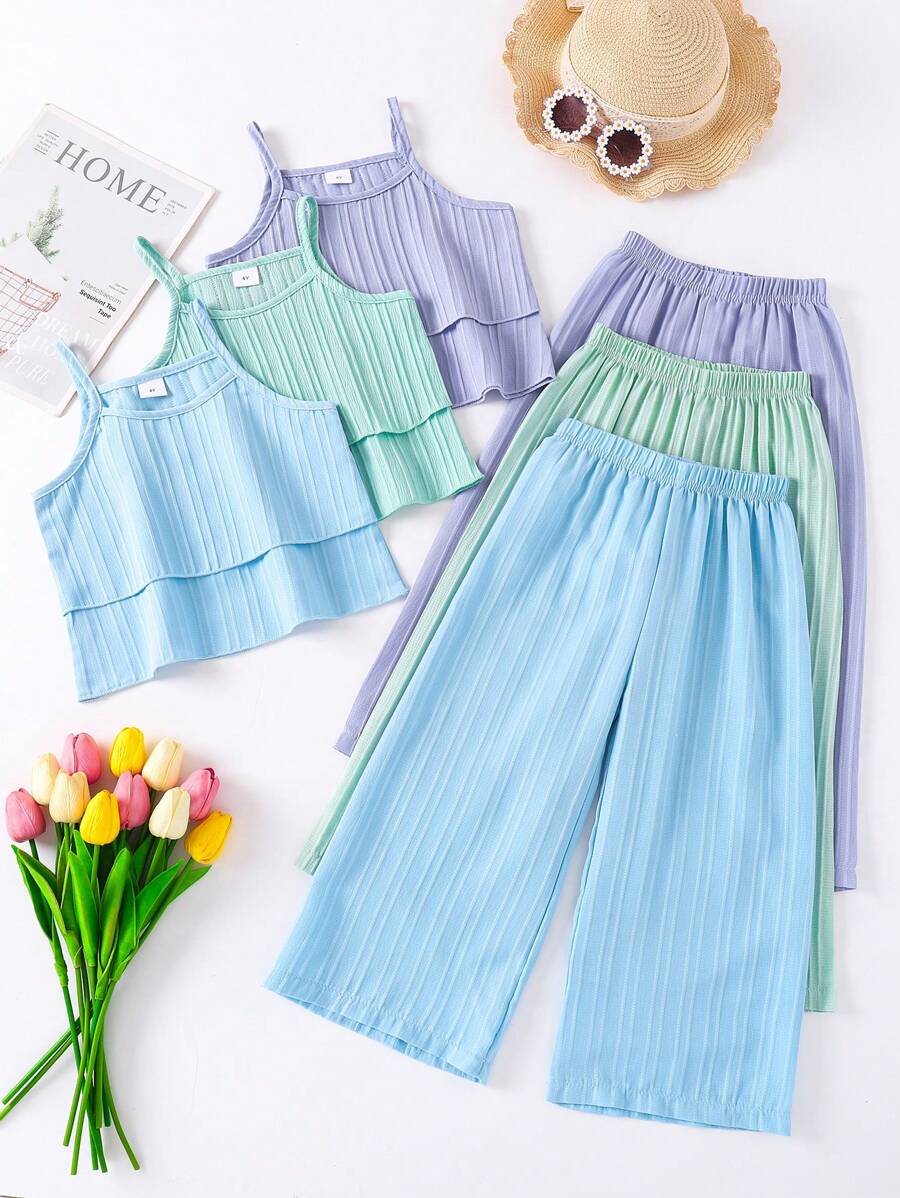 Set de 6 piezas de conjuntos informales de camisola y pantalón de pierna ancha a juego de unicolor para niñas, para primavera/verano