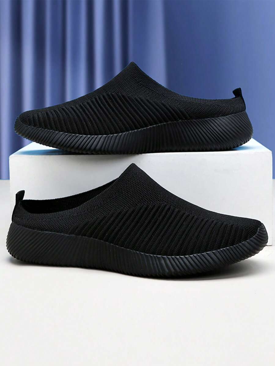 Women's Black Breathable Knit Casual Flat Slip-On Shoes, Lightweight & Comfortable