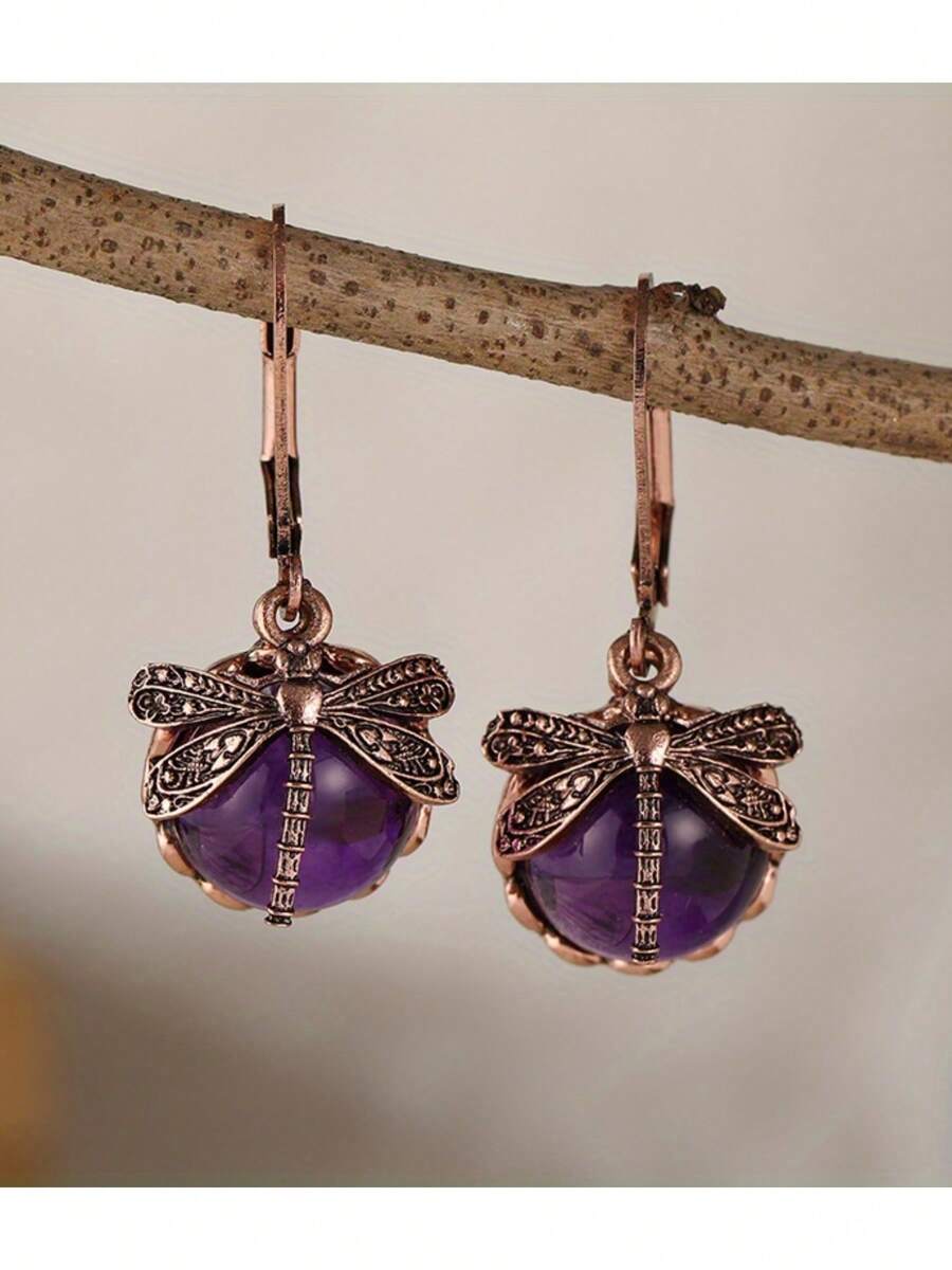 Boho Style Dragonfly Pendant & Synthetic Gemstone Earrings - Fashionable Jewelry And Travel Souvenir
