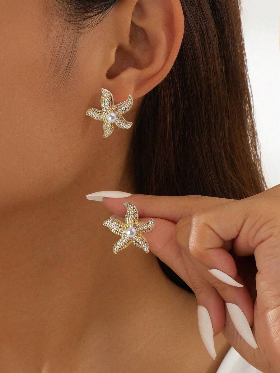 1 paire de boucles d'oreilles à tige avec étoile de mer en faux perle et strass, style classique et européenne et américaine