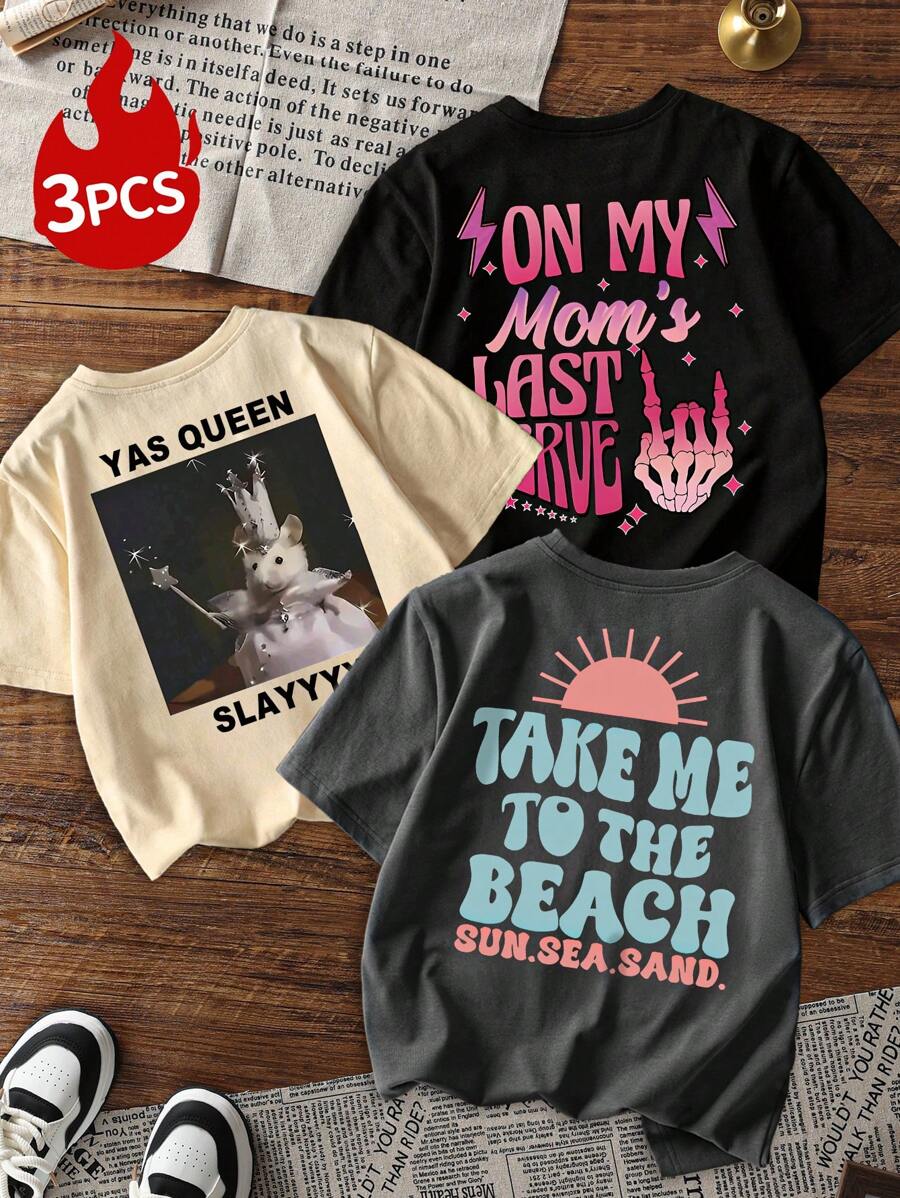 3 peças/Conjunto Camiseta de Manga Curta com Gola Redonda para Meninas Pré-Adolescentes, Estampa Floral e Rosto, Roupas de Verão para Estudantes e Crianças Jovens - Camisetas da Moda que Trazem Alegria e Felicidade para Cada Criança!