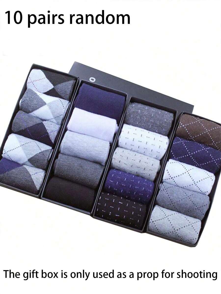 10 paar herensokken met geometrische patronen, gebreide stof, zakelijke, halfhoge sokken met stippenmotief, willekeurige kleur (geen geschenkverpakking)