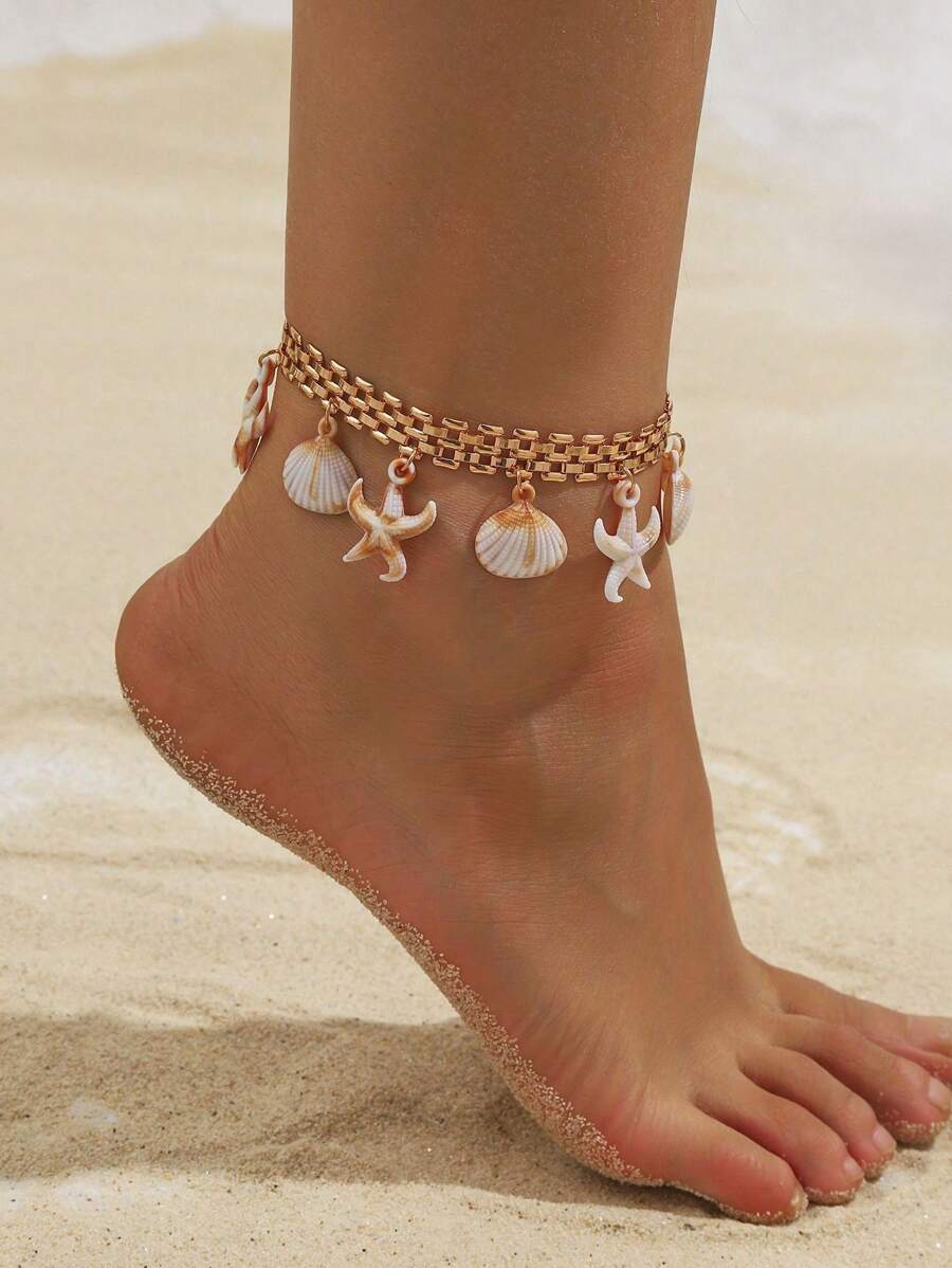 1 pezzo Cavigliera in lega di zinco con decorazioni a tema nautico metallico, con stelle marine, tartarughe e conchiglie, adatta per abbigliamento quotidiano e per vacanza delle donne
