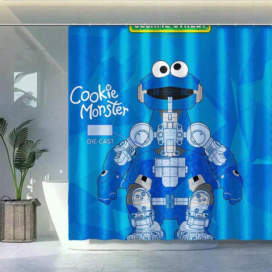 Sesame Street 1 Stück Duschvorhang mit Motiv, wasserdichter Stoff, waschbar, Badzimmer Vorhang in mehreren Größen mit 12 Haken, rutschfester Badteppich, Toilette-U-Pad, Toilette