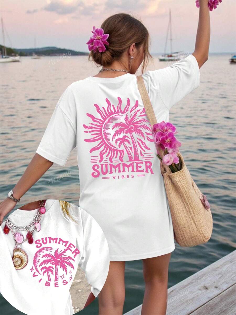Plus-Size Letter-Printed Round Neck Casual Multi-Functional Short-Sleeved T-Shirt