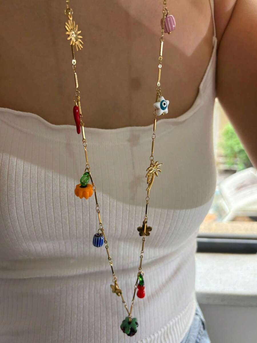 Monlansher New Arrival Women Stainless Steel Multi-Pendant Necklace, Featuring Ceramic, Glaze, Enamel And Stainless Steel Elements In Design, Versatile & Fashionable Long Necklace