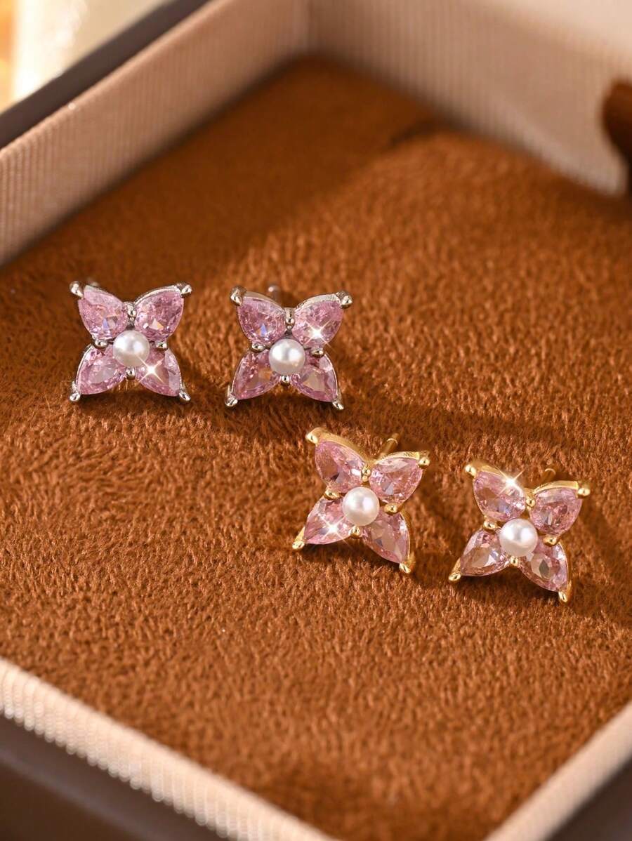 1 Pair S925 Sterling Silver Zirconia Flower Simple Elegant Elegant Versatile Earrings Studs, Ideal For Women, Daily, School, Commute, Jewelry Gift For Classmates, Sisters, Daughters, Birthday