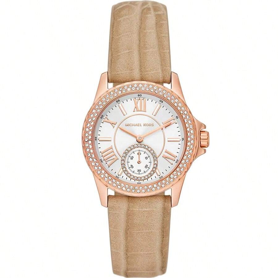 Michael Kors Reloj de mujer de cuarzo casual Mini Everest, esfera blanca de tres manecillas y correa marrón, modelo MK4719, adecuado para uso diario, regalo para ella