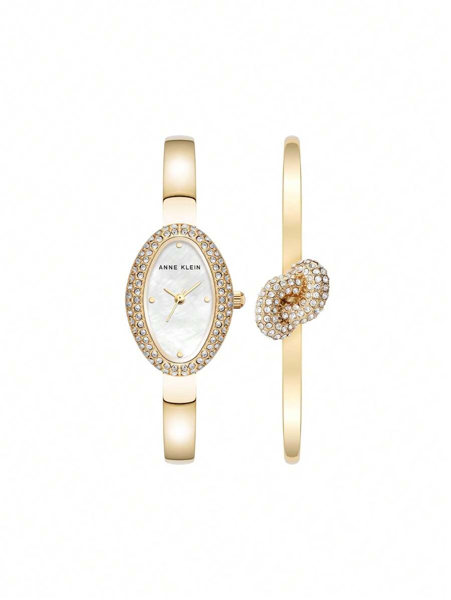 Anne Klein Goldfarbenes Quarz-Armreif- und Armband-Set für Damen mit Diamant-Goldgehäuse, elegantes Damen-Uhrenset
