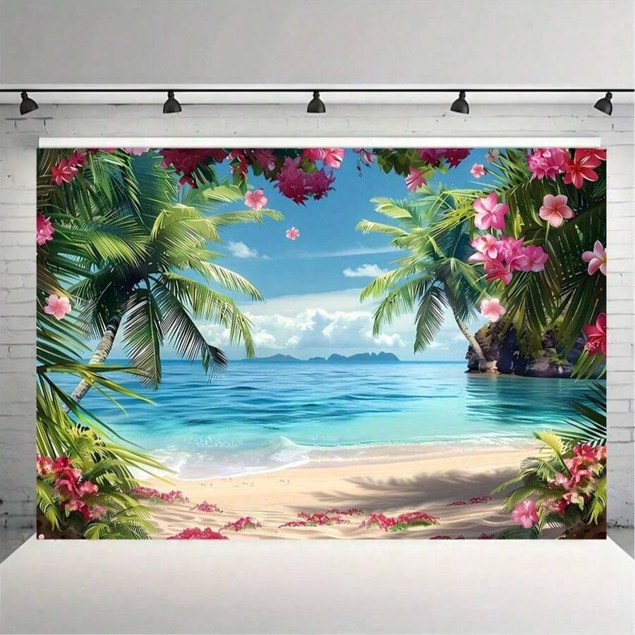 1 Piece, Hawaiian Beach Background, Tropical Floral Palm Design, Ocean Beach Photography Background, Suitable For Hawaiian Party Theme Decoration, Indoor And Outdoor Use