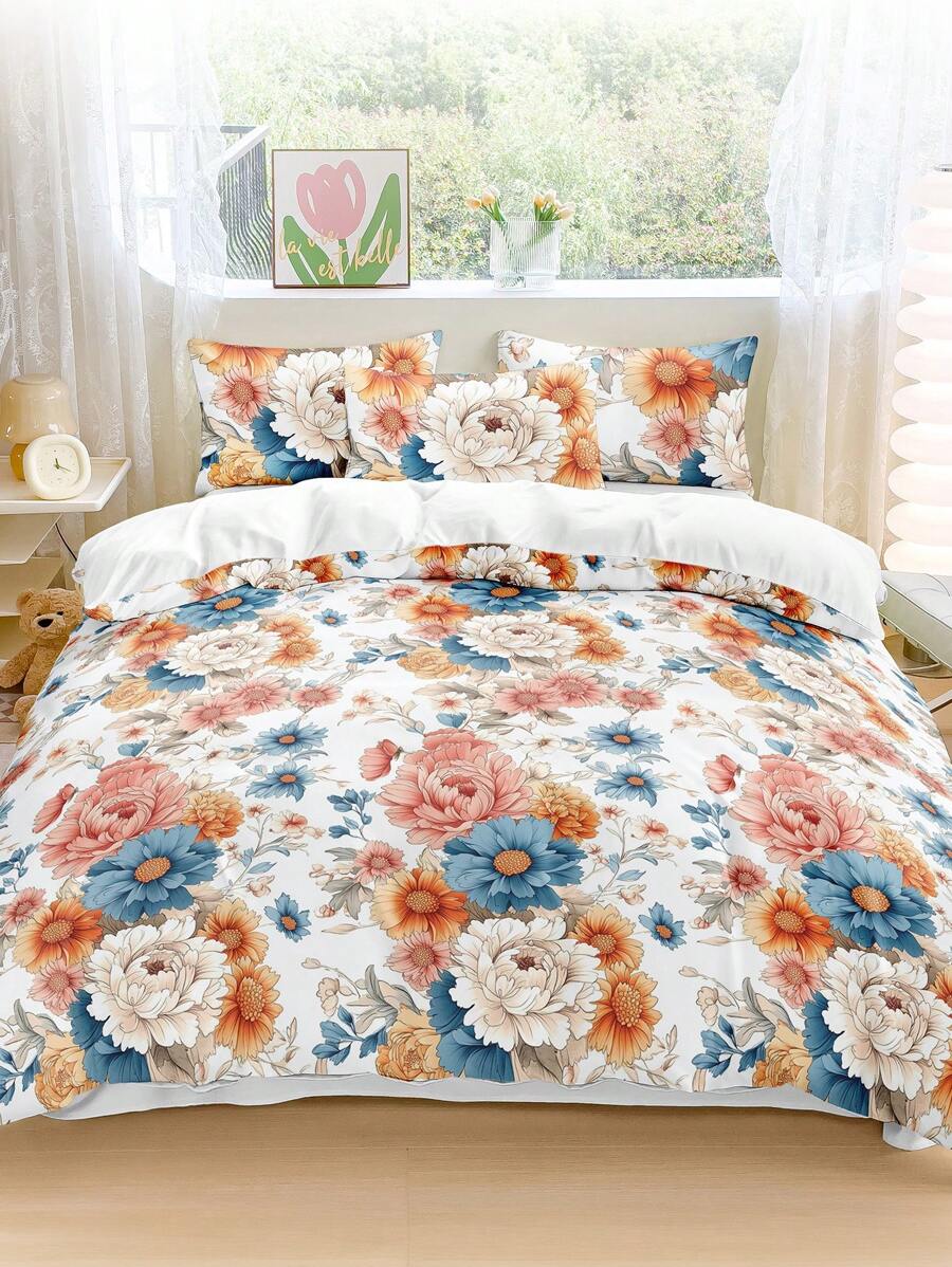2/3pcs Duvet Cover Set, Floral Quilt Cover, Flower Bedding Set, Daisy And Rose, Skin-Friendly Comforter Cover Set, Soft And Comfortable Bedding Set For Bedroom, Printed Bedding Set, Washed Microfiber Duvet Cover, Breathable, Dustproof Non-Slip, Lightweight And Ailky Smooth,Suitable For All Seasons, For Twin/Queen/King,1pc Duvet Cover And 2/1pc Pillowcase, Perfect Holiday Gift,Fall Decor,Autumn Decor,Room Decor