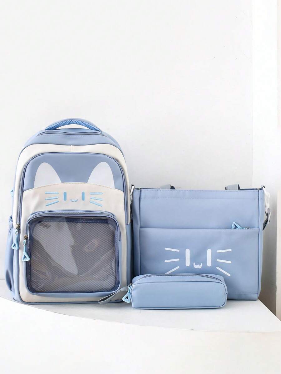 Back To School 3 Pcs Set New Nylon Material Cute Cartoon Kitten Pattern Solid Color Backpack, Shoulder Bag, Pencil Bag, Smooth Zipper Closure, Large Capacity And Multi-Function, Fashionable And Casual, Sweet And Simple, Very Suitable For Daily Outdoor Travel
