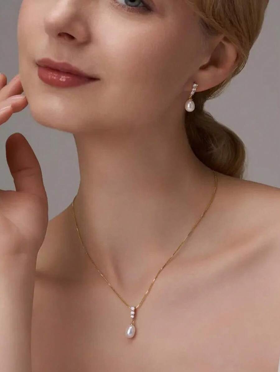 1 Set Gold Metal Thin Chain Diamond-Studded Pearl Necklace And Earring Set, Suitable For Party, Event And Daily Accessories