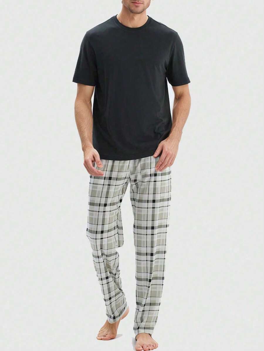 Lightweight Summer Pajama Set For Men, Round Neck Solid Color Pullover Short Sleeve Tee & Plaid Print Pants, Casual And Comfortable Home Wear Two Pieces