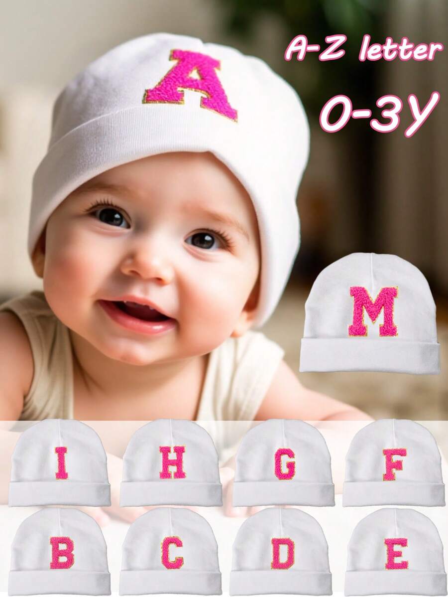 1PC Baby A-Z Letter Hospital Caps Baby Hats Newborn White Beanie Hat Soft Elastic Baby Cap For Girls Boys Infant Bonnet Accessories 0-3Y