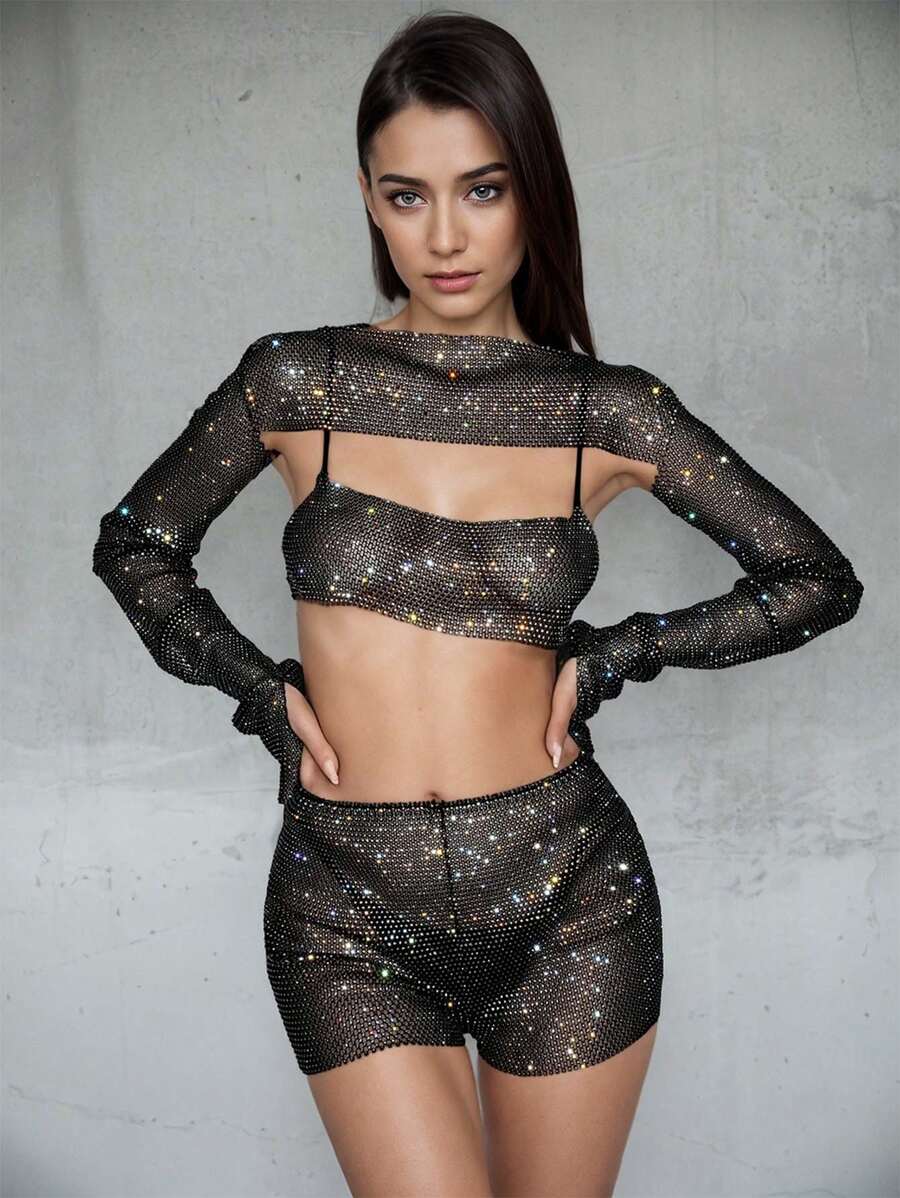 Aquecedores de braço femininos com decoração raglan brilhante e strass, malha arrastão vazada, para mulheres e meninas, férias, festa de aniversário, saídas à noite