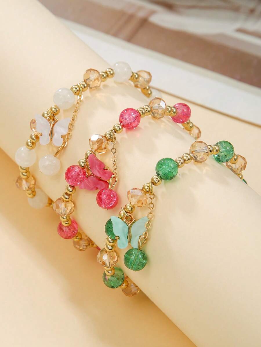 Set de 3 piezas de joyería con cuentas: collar con colgante de mariposa de vidrio y resina, pulsera, estilo bohemio, adecuado para uso diario y de fiesta de las mujeres