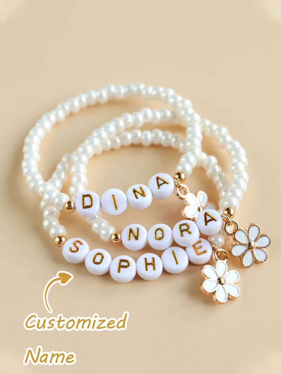 1pc Customized Name Pearl Bracelet, Unisex, Shower Gift, Best Friend Gift, Name Bracelet, Daisy Name Bracelet, Children Bracelet, Charming Spring/Summer Accessory, Customized Name Bracelet For Women, Vivid Color Birthday Party Gift, Back To School Gift, Children's Day Gift, Suitable For Teenagers
