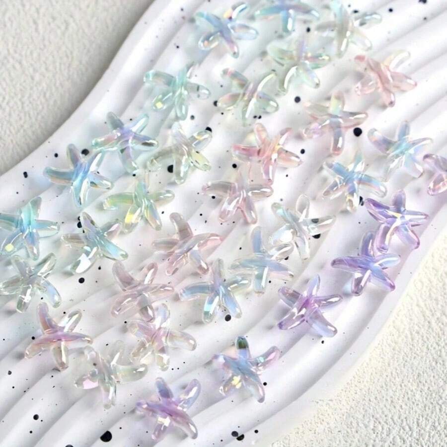 10/20/30 piezas Mezcla de colores aleatorios - Cuentas de estrella de mar chapadas en colores cambiantes - Pequeños aditamentos marinos brillantes y transparentes con agujeros pasantes para manualidades de joyería, cadenas de teléfono, pulseras y llaveros, proyectos de cuentas, diseño de cuentas iridiscentes, material de cuentas duradero