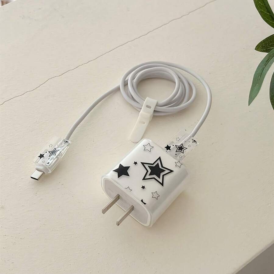 4 Stück/Set transparente TPU Schutzhülle mit farbigem 5-Sterne Musterdesign für 20W Schnelllade-Adapter und Datenkabel