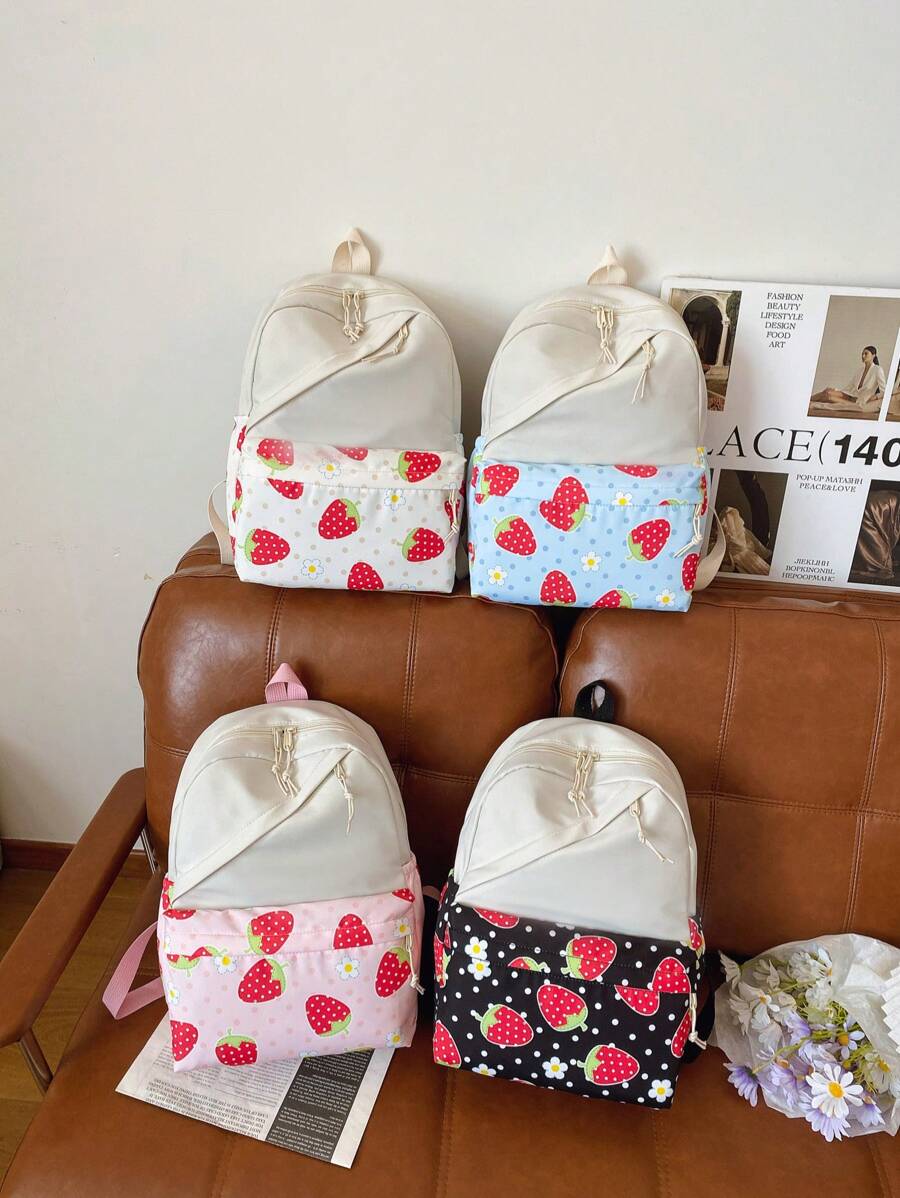 1 Pc New Style Girls' Strawberry Print Fabric Backpack With Adjustable Straps, Zipper Closure, Multifunctional Foldable Design, Perfect For Travel, School, Outdoor Activities, And Holiday Gifts