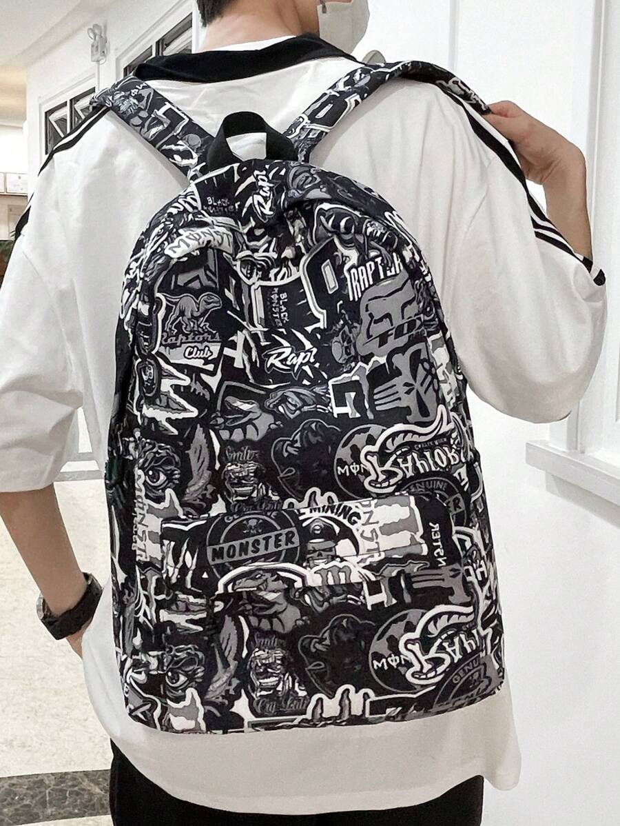 Casual Large Capacity Graffiti Contrast Color Multi-Pocket Functional Backpack, Unisex, Versatile For School, Errands, Travel, Suitable For Back To School Back To School Supplies