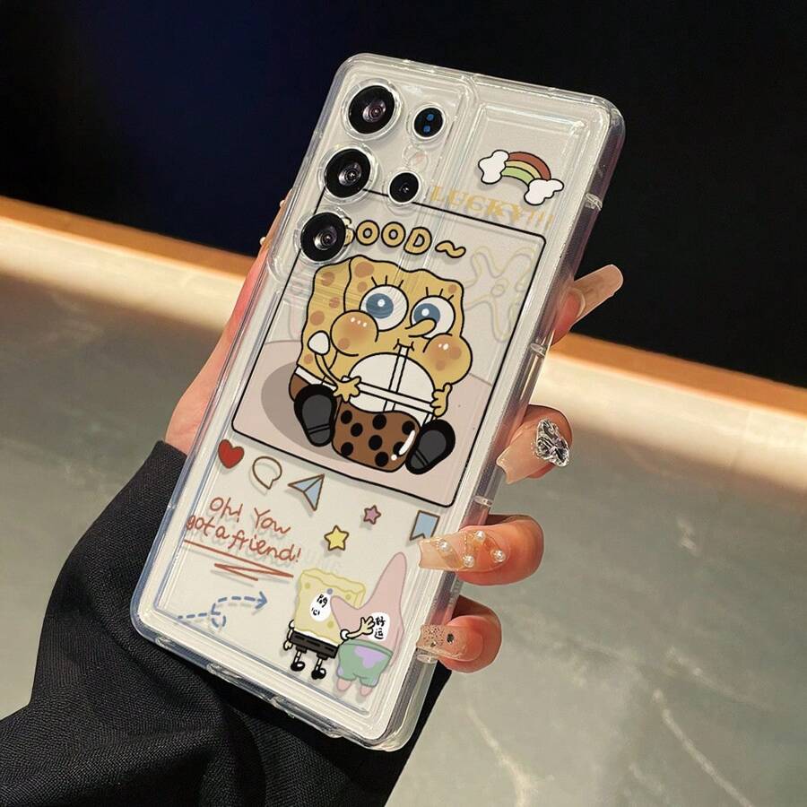 SPONGEBOB 1 pieza Funda de teléfono de serie de dibujos animados minimalista blanda y transparente con esponja, compatible con GalaxyS22/S23/S24 Ultra, funda protectora suave de pintura hecha a mano resistente a caídas, regalo ideal para novia para festivales