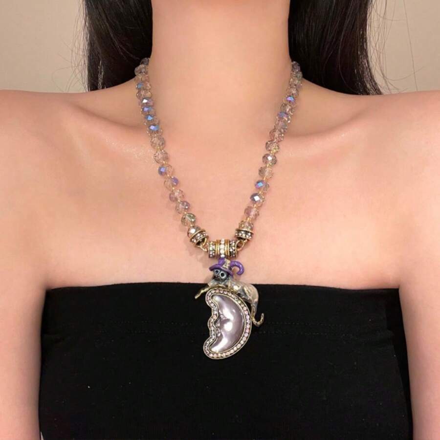 1 Peça Colar Elegante com Pingente da Lua de Cristal Roxo Decorado com Miçangas