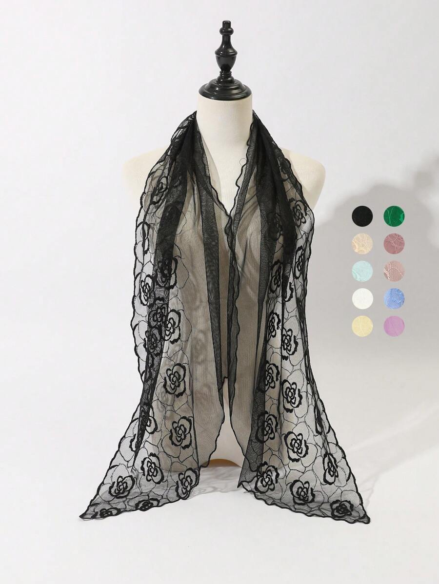 1 Stück Damen einfarbiger Schal mit Rosen-Spitze-Stickerei, Mode Seidentuch für Frühling/Sommer/Herbst, eleganter Schalkragen Sonnenschutz Kopftuch