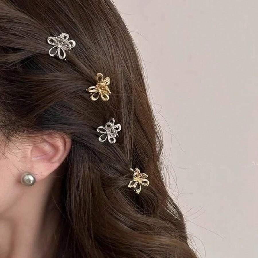 12 piezas/4 piezas Clips de metal con forma de flor, lindos mini clips para el flequillo/lateral, adecuados como accesorios para el cabello para uso diario, elegantes ganchos para el cabello de moda