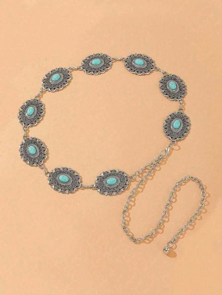 1 buc Lanț de talie argintiu vintage pentru femei, mărime plus, vară, stil boho occidental, cu flori turcoaz sculptate, potrivit pentru blugi, rochii, petreceri, camping, festivaluri