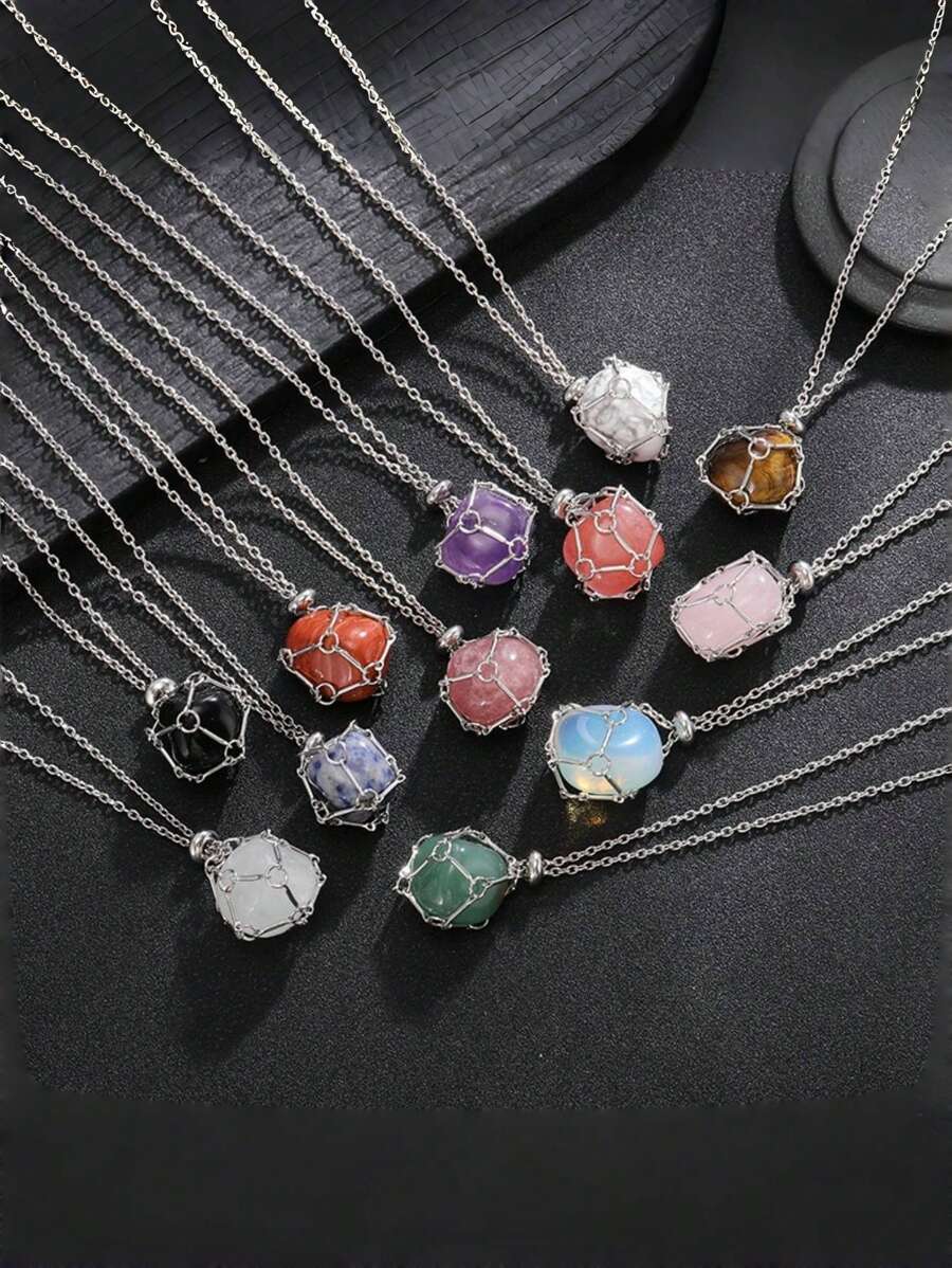 Colar com moldura de cristal prateado, moldura de cristal vazia, metal a granel, gaiola de pedra de aço inoxidável, corrente de pedra preciosa ajustável e intercambiável para fabricação de joias, colar faça você mesmo