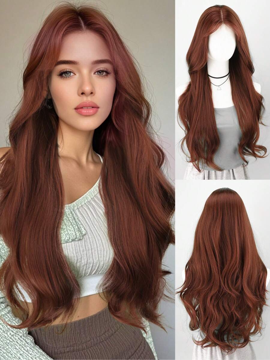 30 Inch Reddish-Brown U-Part 4X1 Lace Front Wig, Long Natural Wavy Middle Length Synthetic Wig For Everyday Wear