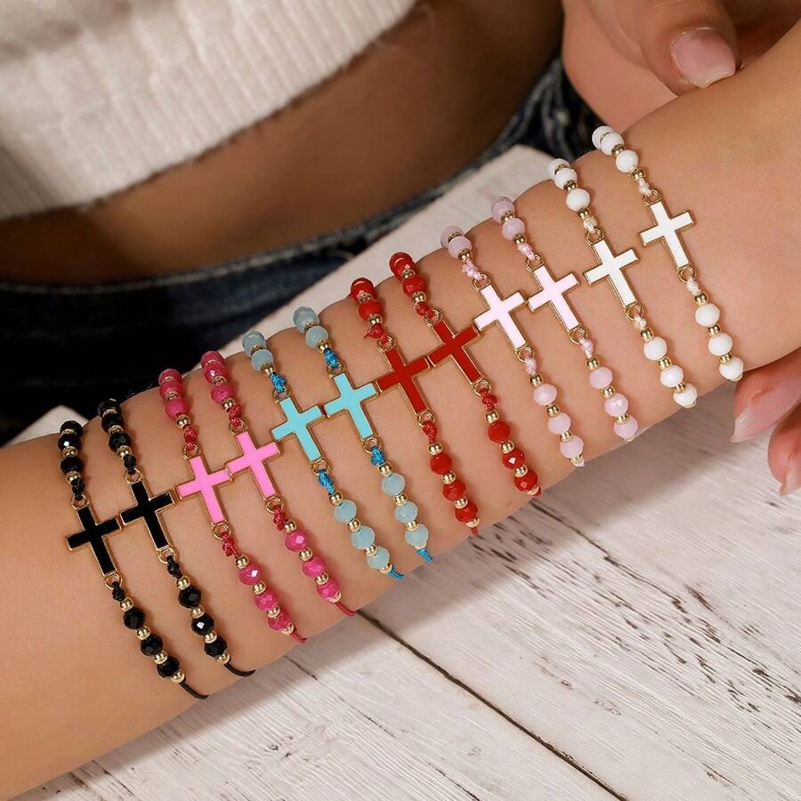 12 peças/Conjunto Pulseira Trançada com Contas de Cristal e Cruz de Metal da Moda