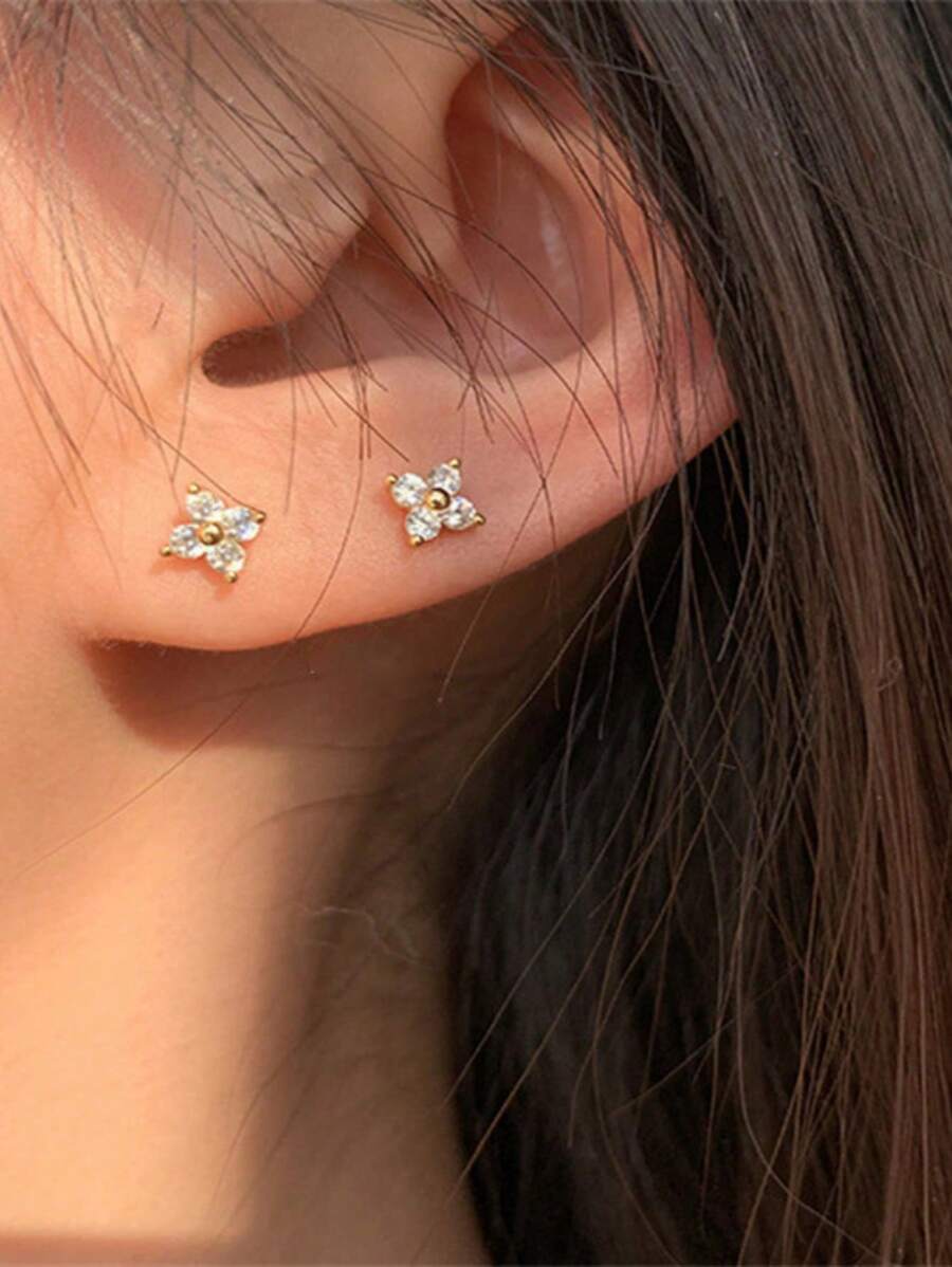 1 Pair Simple Minimalist Four-Leaf Flower Cubic Zirconia Stud Earrings, Elegant Design For Women