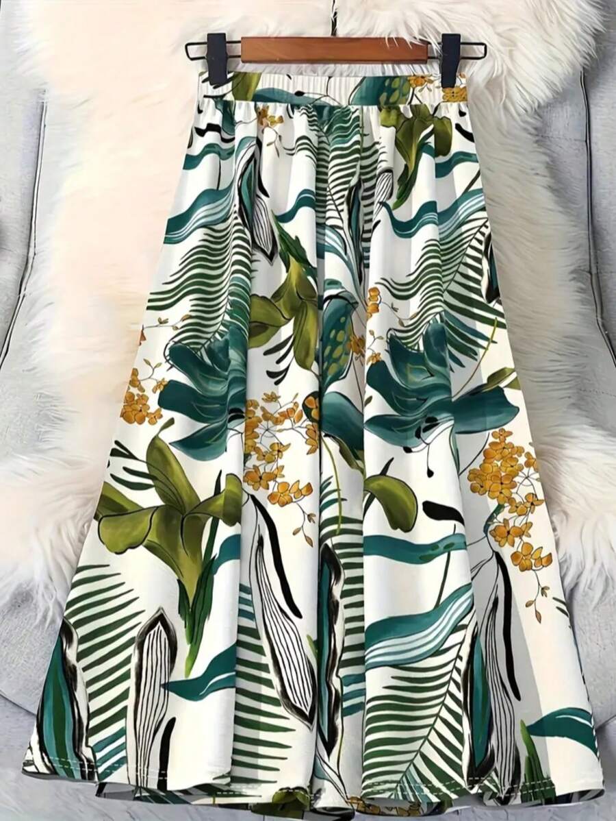 A-lijn midi-rok met bloemenprint en botanisch breisel voor dames, geschikt voor dagelijks gebruik en reizen, geschikt voor alle seizoenen