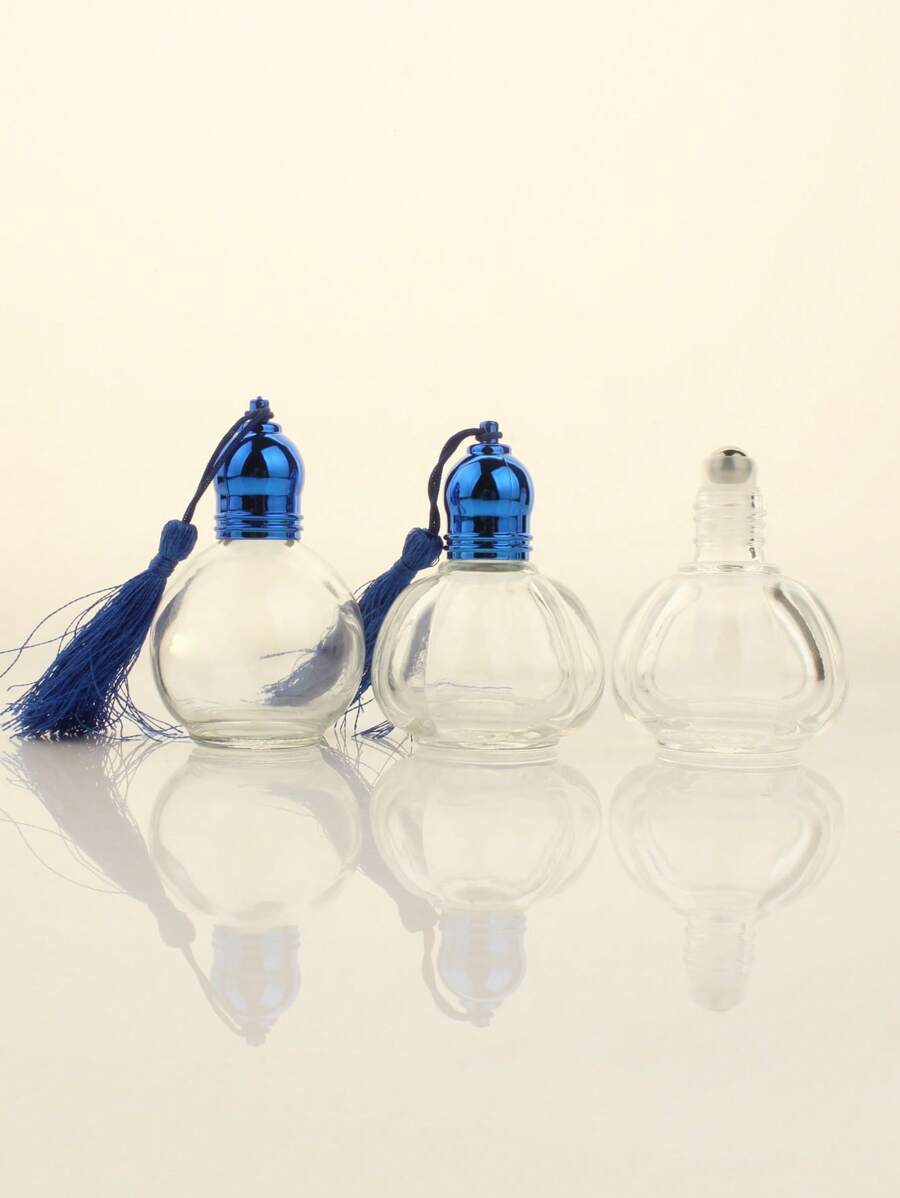 1pc|3pcs Pumpkin Shape 12ml Refillable Essential Oil Roller Bottle, Transparent Glass Perfume Liquid Stainless Steel Roll-On Empty Bottle With Tassel Cover, Blue