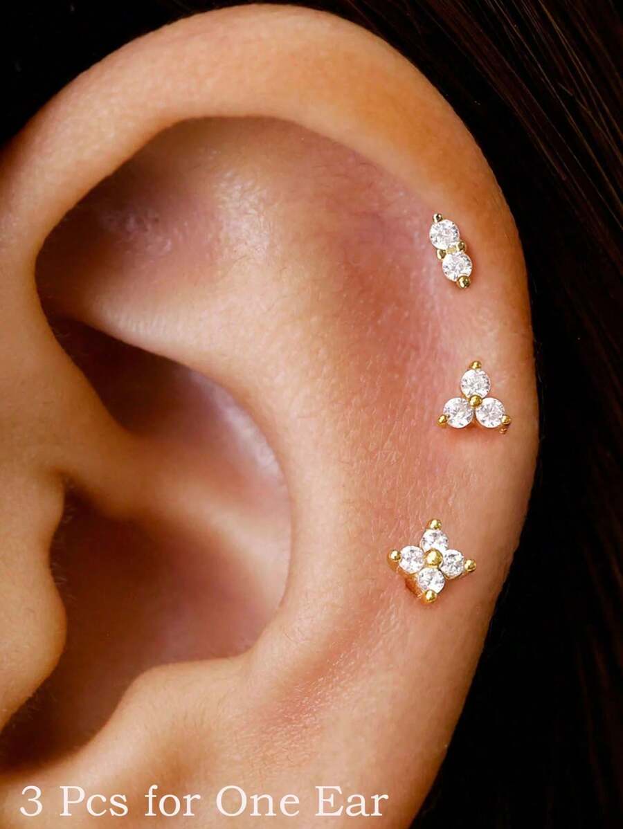 3 Pcs CZ Tragus Helix Stud Earrings Set For Women, Hypoallergenic 14K Gold Plated Round Zirconia Flower Fashion Ear Piercing Push Back Body Jewelry For Multiple Piercing