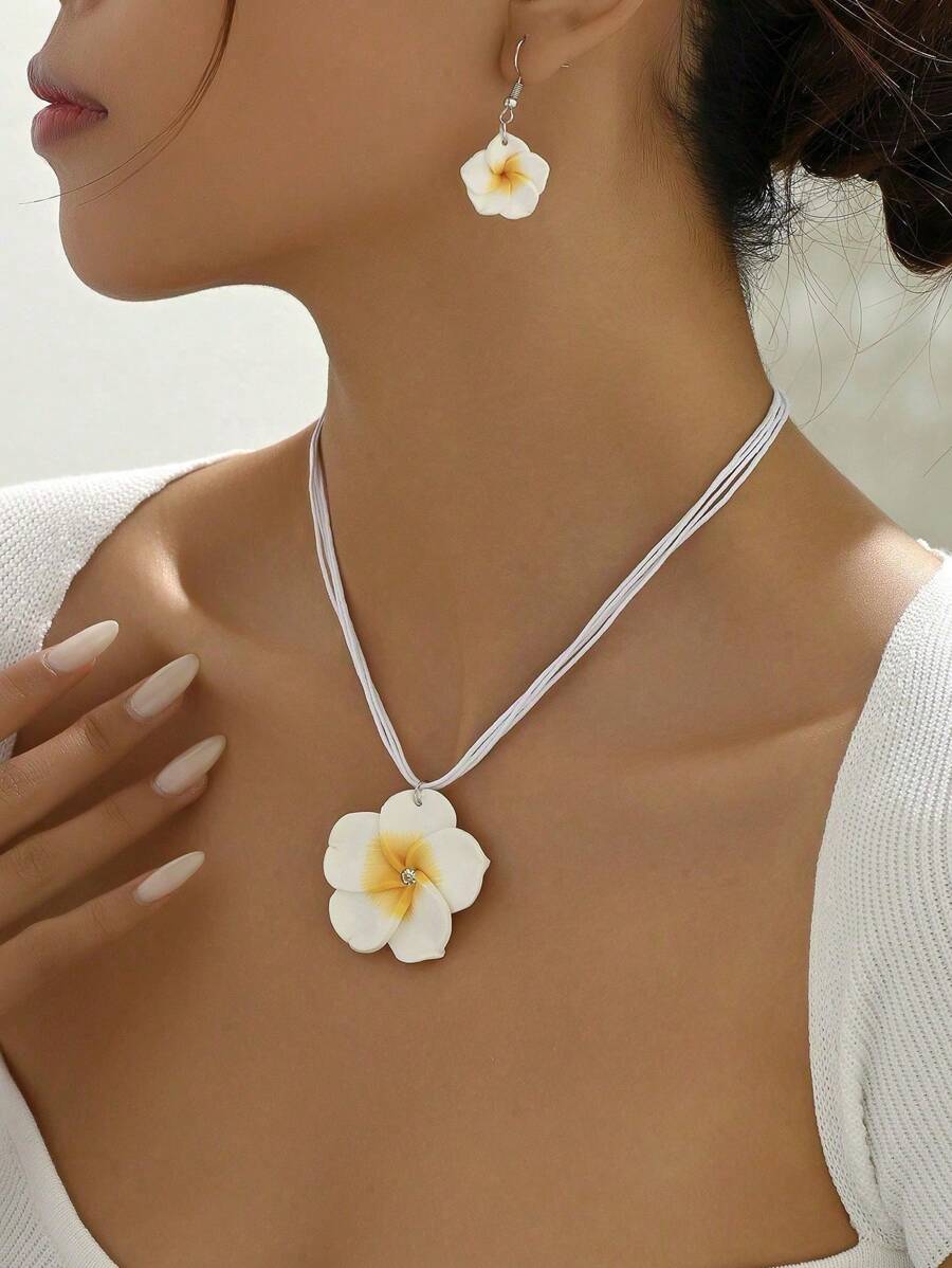 2 Stücke minimalistischer aber süßer Halsketten- und Ohrringe-Set, Farbverlauf Blumen Muster Dopamin Design, modischer eleganter Schmuck