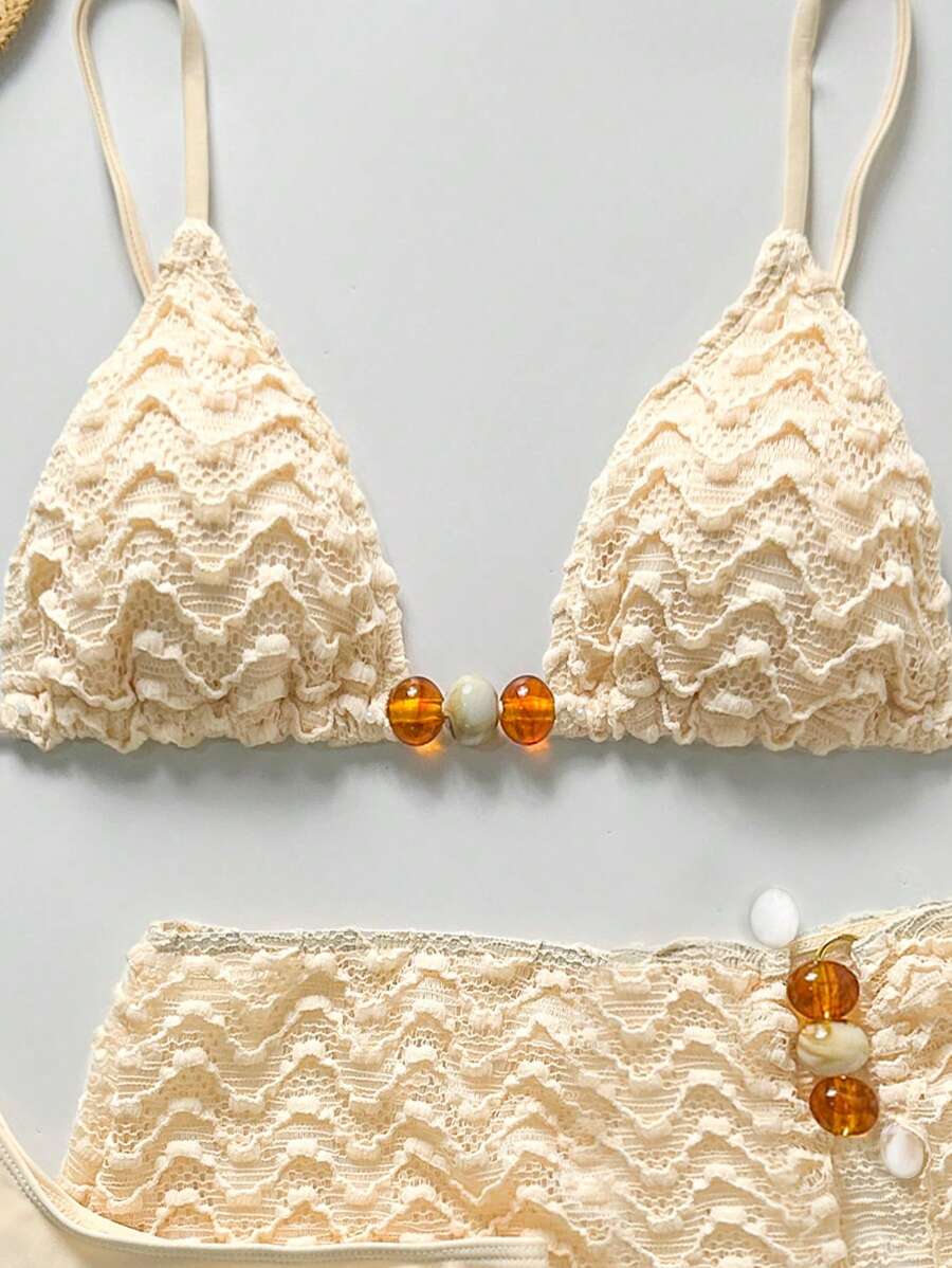 Bikinx Set da 3 pezzi da donna per l'estate 2025, costume da bagno tankini con top a fascia e fantasia a onde, con gonna copricostume, adatto per vacanze al mare