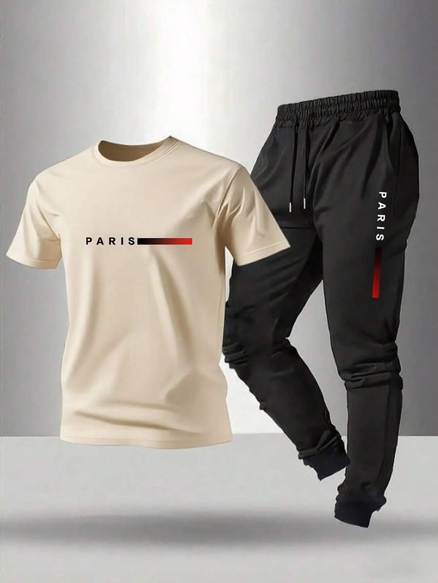 Men's Printed Crew Neck Short Sleeve T-Shirt And Drawstring Long Pants Casual Outfit