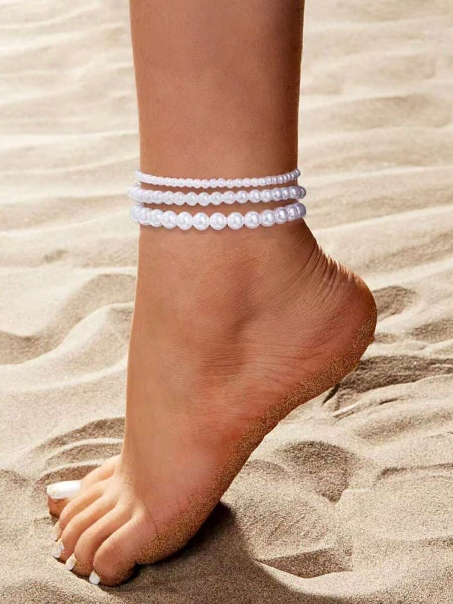 3Pcs/Set Vintage Faux Pearl Anklets, Minimalist Women's Foot Jewelry Decoration Suitable For Daily Wear