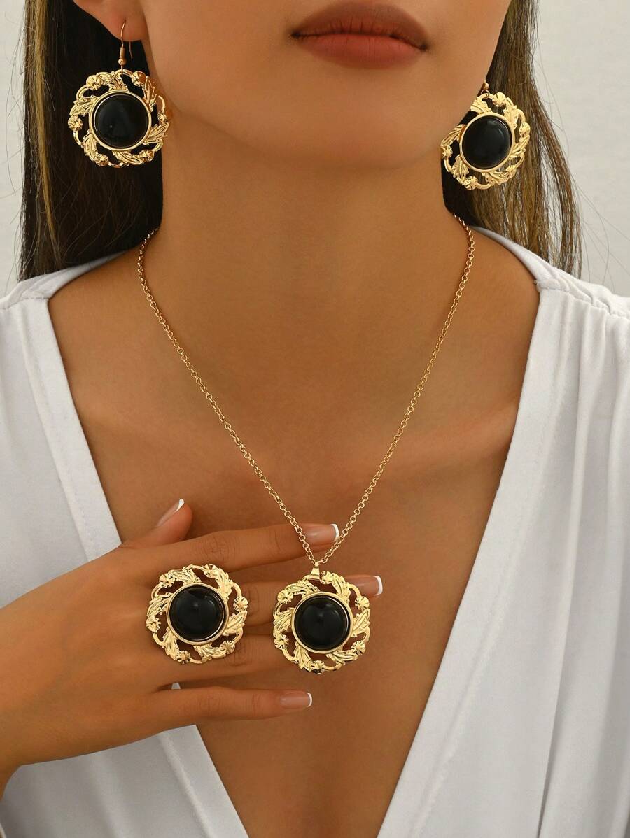 1 Conjunto (1 par de pendientes geométricos retro, 1 collar con colgante circular geométrico, 1 anillo con estampado floral redondo) - Adecuado para cualquier ocasión, estilo de moda vintage