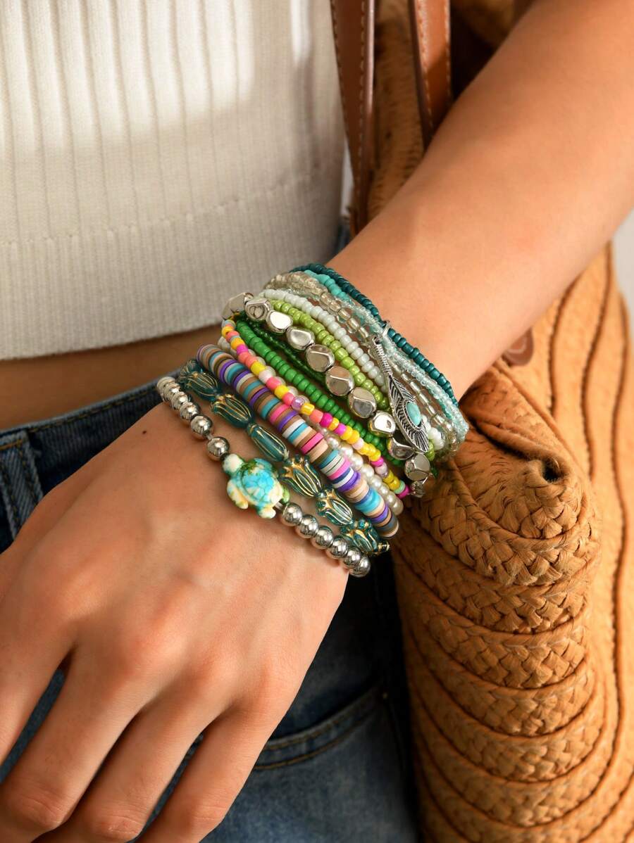 11 Peças/Conjunto Pulseira Elástica Multicamadas de Mulher com Contas, Pulseira Elegante e da Moda para Uso Diário