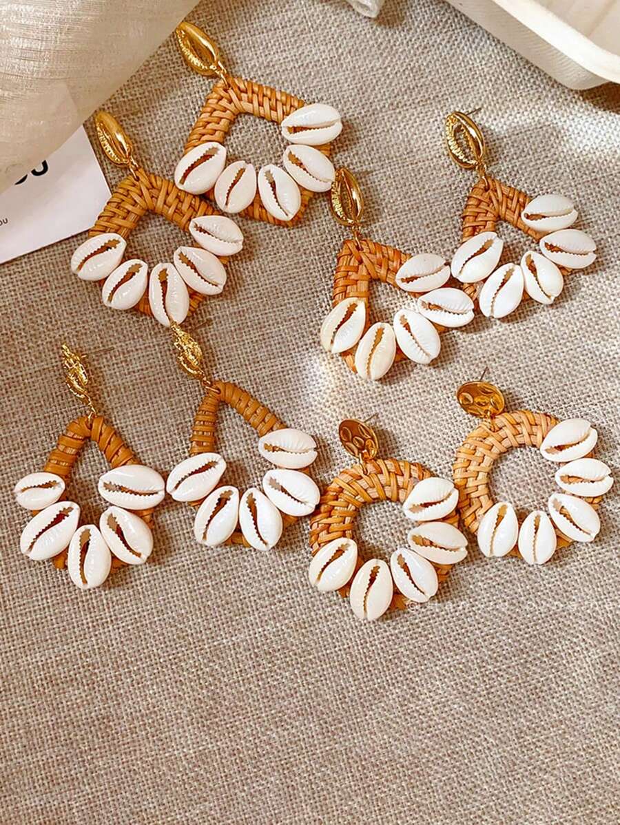 1 Pair Handmade Raffia Straw Woven Seashell Earrings, Drop/Diamond/Triangle/Circle Dangle Earrings, Boho Exaggerated Earrings For Beach, Vacation, Gatherings, Party Wear